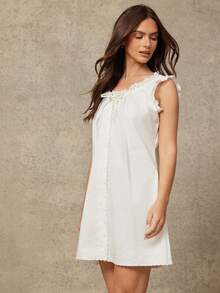 WESTFADE Đầm babydoll mini dáng rộng, xếp ly, cài cúc phía trước. - trắng - Xem 5