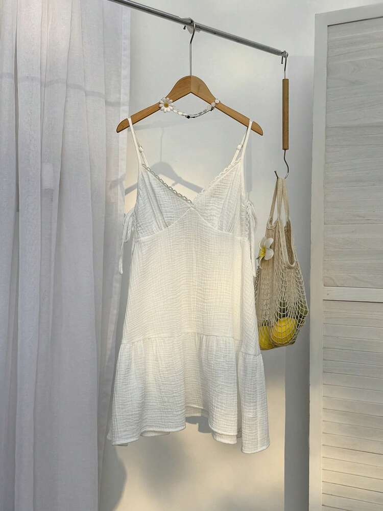 Sweetra Vestido Mini Vintage Chique com Babados na Barra, Gola de Renda Floral, Estilo Doce de Princesa, Vestido Casual Versátil de Verão para Férias - Branco - Visão 2