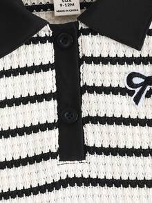 SHEIN Baby Girls' Casual Bow Embroidered Textured Striped Polo Collar Patch Front Puff Sleeve Dress, Cute Princess Style Suitable For Summer Casual, Holiday, Street Wear - Black and White - View 5