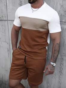 Manfinity Homme Men's Quilted Texture Color Block Two Pieces Set,Brown Checkered,Summer,Casual,Streetwear,City Break,Short Sleeve O Neck T-Shirt & Drawstring Shorts - Multicolor - View 6