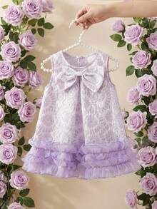 SHEIN Baby Girls' Elegant Sleeveless Bow Decor Ruffle Mesh Dress, Minimalist Fashion For Spring/Summer - Mauve Purple - View 10