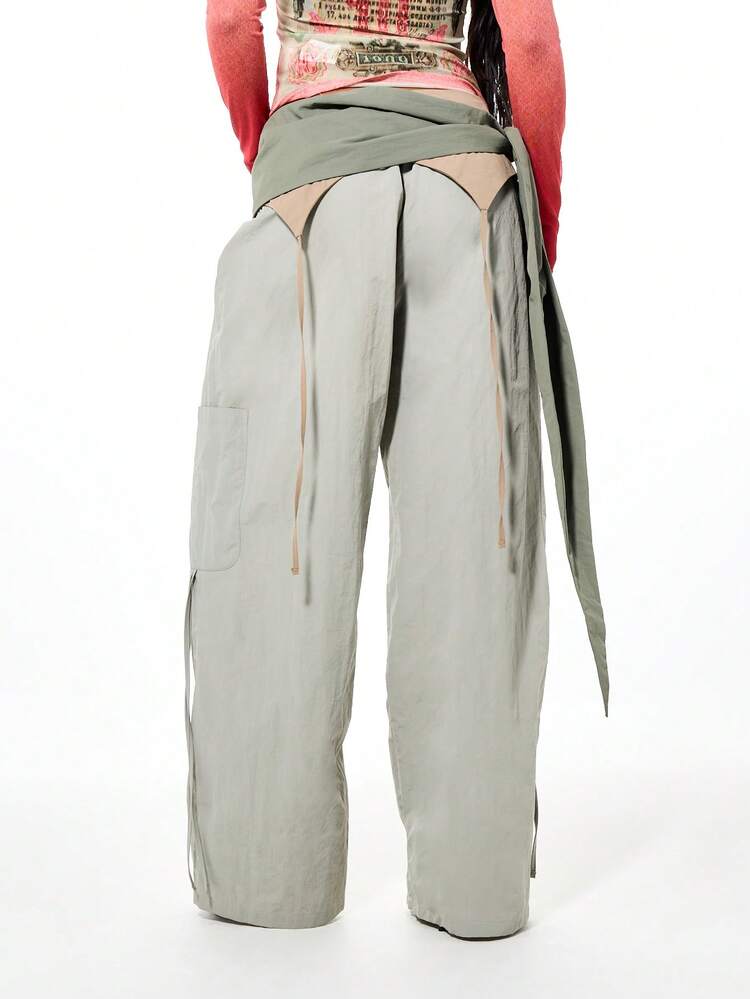 SUMWON WOMEN Asymmetric Wide Leg Cargo Pants With Tie Waist