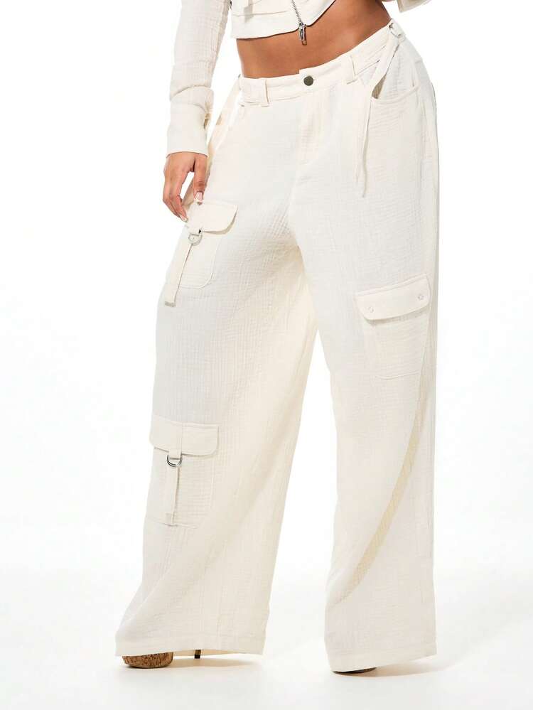 SUMWON WOMEN Wide Leg Linen Feel Cargo Pants With Multiple Pockets