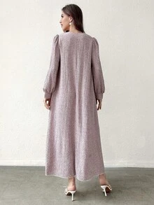 Yasmyna Women's Purple & White Floral Print Lace Trim Long Sleeve Elegant Romantic Arabic Style Dress, Spring/Summer - Red Violet - View 2