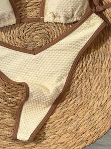 SHEIN Swim Vcay 2026春夏可调节细肩带棕色露背杏色波点侧高衩泳衣，甜美度假比基尼两件套女式泳衣 - 杏色 - 查看 4