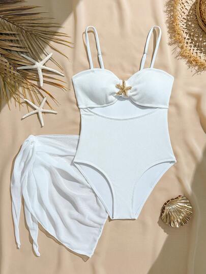 Traje de baño de una pieza con camiseta y falda de natación con decoración de estrella de mar, estilo minimalista para niñas preadolescentes