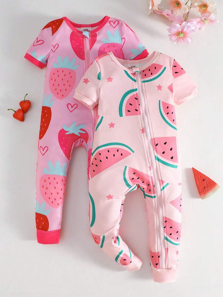 Bộ 2 món áo liền quần in hình dâu tây và dưa hấu cho bé gái, kèm quần legging, kiểu dáng thoải mái, mềm mại, thích hợp cho mùa hè. - Hồng - Xem 1