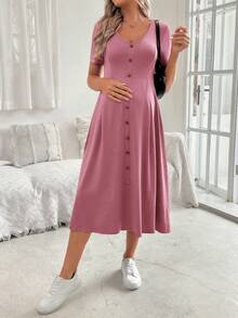 SHEIN 孕妇优雅V领短袖A字型纽扣装饰连衣裙 - 粉色 - 查看 4