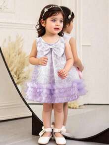 SHEIN Baby Girls' Elegant Sleeveless Bow Decor Ruffle Mesh Dress, Minimalist Fashion For Spring/Summer - Mauve Purple - View 9