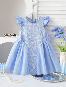 SHEIN Đầm xanh họa tiết hoa ngọt ngào cho bé gái, phối lưới, nơ ở eo, thích hợp cho các hoạt động hàng ngày, chụp ảnh, du lịch và nhiều dịp khác. - Màu xanh lam - Xem 3