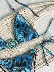 Swim SXY Conjunto de bikini de mujer con estampado de leopardo digital, floral, con cuentas y flecos, sexy y de alta gama, para primavera/verano/otoño - Multicolor - Ver 2