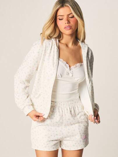 MISSGUIDED 印花全拉链连帽衫，带中央口袋，适合春季日常休闲穿着