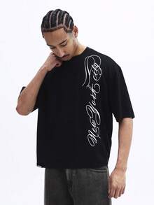 SUMWON 男士宽松印花短袖T恤，黑色休闲纯棉材质，日常街头风。 - 黑色 - 查看 4