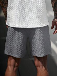 Manfinity CasualCool Pantalones cortos de hombre con cordón, textura jacquard y cuello acanalado con parche de cuero, regalo ideal para novio o esposo - Gris Claro - Ver 2