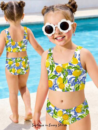 SHEIN Sunshine Lemon Yellow, Fashionable Retro Lemon Floral Print, Young Girls Casual Minimalist Camisole & Triangle Bikini Swimwear Set, Suitable For Summer Vacation, Beach, Pool, Beachwear, Resort Style, Vacation Outfits, Retro Style