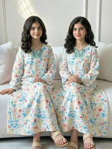 Tween Tween Girls Traditional Middle Eastern Casual Butterfly Decor Collar Elegant Dress - Multicolor - View 5