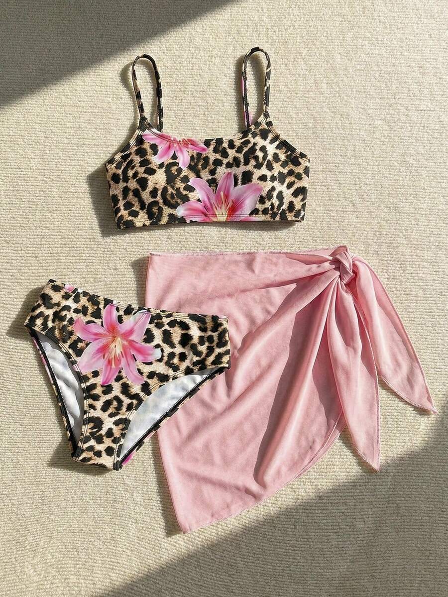 SHEIN Bộ 3 món cho bé gái tuổi teen: Áo bikini dệt kim màu đen trơn và chân váy in họa tiết, trang phục thường ngày đi biển. - Hồng - Xem 1