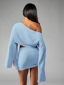 MISSGUIDED Off Shoulder Beach Cover Up With Long Sleeves And Side Tie Mini Skirt Linen Feel Coord Set - Blue - View 2