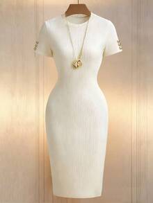 Franclia 女士纯色圆领短袖纽扣设计修身优雅迷你连衣裙 - 杏色 - 查看 3