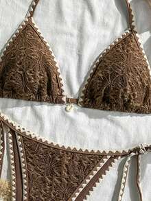 Swim Mod Women's Jacquard Fabric Shell Crochet Trim Shell Decor Bikini Set, Spring/Summer - Brown - View 5