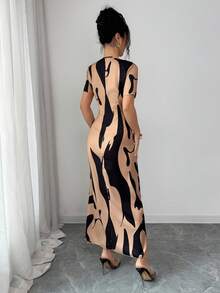 Elenzga Đầm hè thanh lịch dành cho nữ, cổ chữ V phối màu tương phản, vạt trước xoắn bất đối xứng. - Nhiều màu - Xem 2