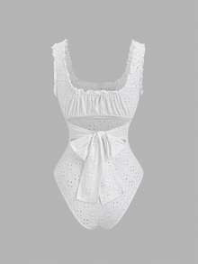 Sweetra Women's Vacation Style French Retro Ruffled Drawstring Embroidered Slim Fit Bodysuit, Spring/Summer - White - View 3