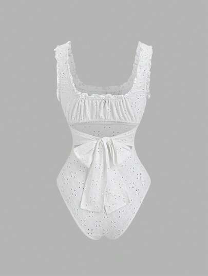 Sweetra Women's Vacation Style French Retro Ruffled Drawstring Embroidered Slim Fit Bodysuit, Spring/Summer