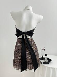 SHEIN Unity Women's Leopard Print Rhinestone Decor Bodycon Mini Dress, Sexy Off-Shoulder Knit Wrap Dress - Brown - View 2