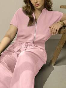 SHEIN LUNE CURVE Bộ áo liền quần mùa hè thời trang thường ngày dành cho nữ cỡ lớn, thích hợp cho kỳ nghỉ. - Hồng - Xem 5