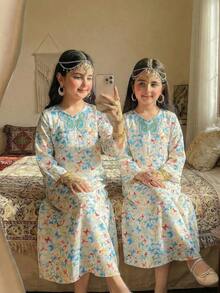 Tween Tween Girls Traditional Middle Eastern Casual Butterfly Decor Collar Elegant Dress - Multicolor - View 6