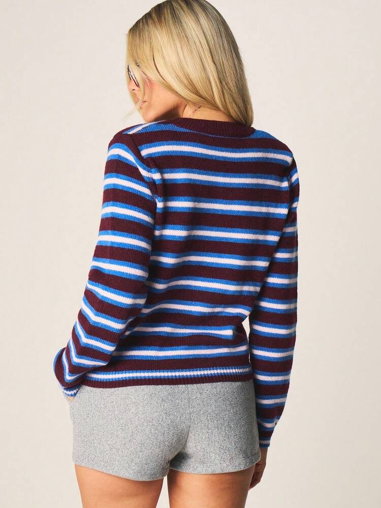 MISSGUIDED Ribbed Knit Striped Shoulder Pad Jumper Long Sleeve Crew Neck Pullover Sweater Fall Winter Casual