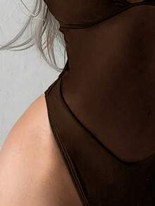 Swim SXY 女士性感网纱拼接可调节肩带连体泳衣，修身款，春夏款 - 咖啡棕 - 查看 5