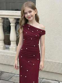 SHEIN Vestido elegante con aplicaciones de strass para niña preadolescente con bolso de hombro - Burdeos - Ver 8