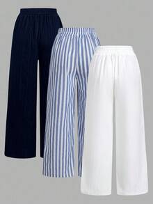 SHEIN Essnce Bộ 3 món quần dài kẻ sọc xanh trắng, có dây thắt eo và túi, kiểu dáng thủy thủ, thích hợp cho kỳ nghỉ hè. - Nhiều màu - Xem 2