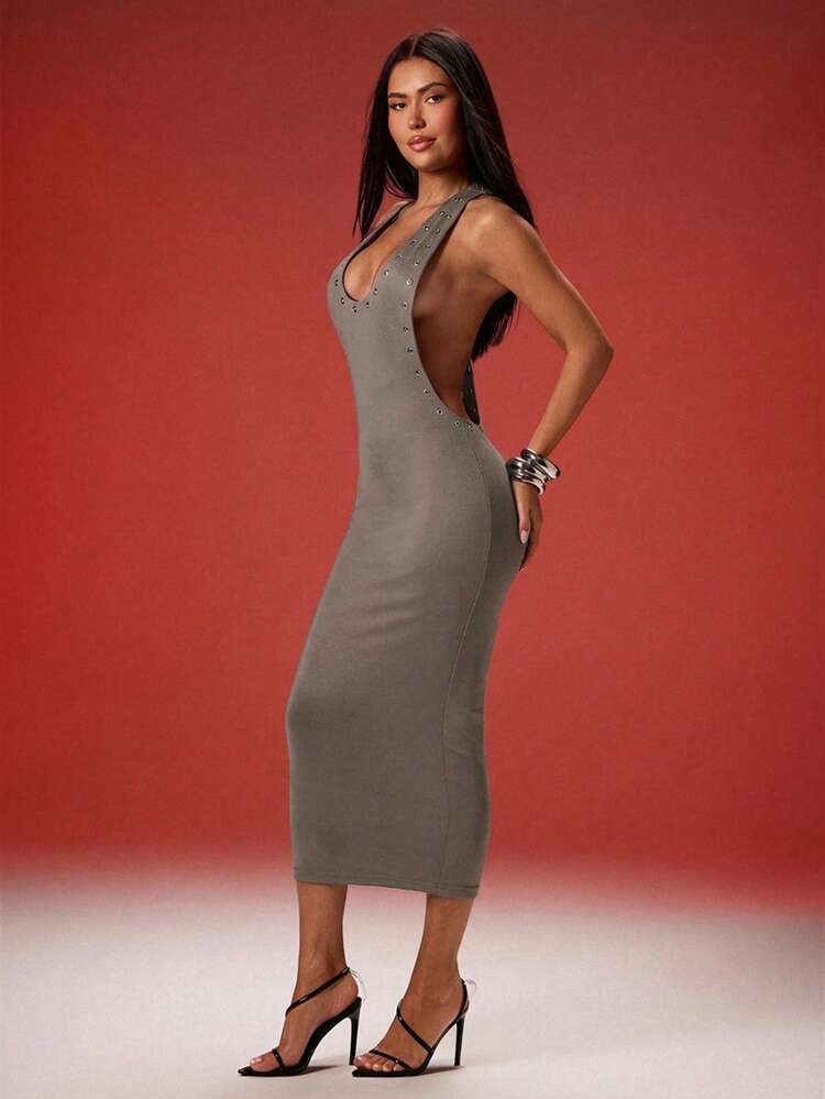 Denimoi Vestido sin espalda y sin mangas de unicolor para mujer - Gris - Ver 5