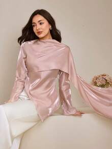 Graceveil Bộ 2 món áo kiểu lệch vai bằng satin dành cho nữ và quần ống rộng. - Hồng - Xem 8