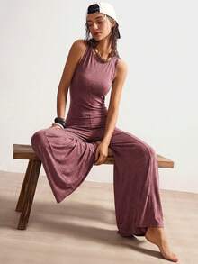 Bohemela Solid Color Knit Backless Sleeveless Wide Leg Jumpsuit For Women - Burgundy - View 3