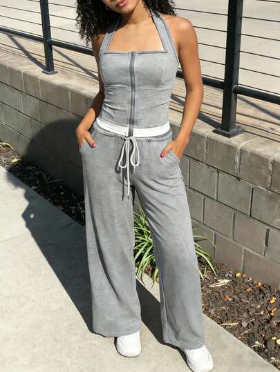 INAWLY Women's Zip-Up Halter Neck Top And Drawstring Waist Wide Leg Pants 2 Piece Casual Outfit, Suitable For Daily, Vacation And Travel