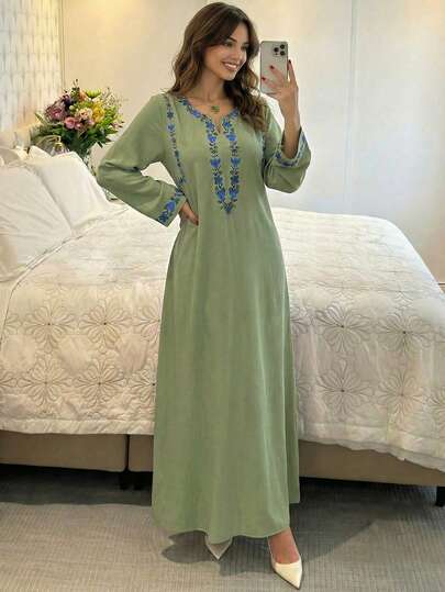 Yasmyna 女士宽松长袖碎花镂空领连衣裙