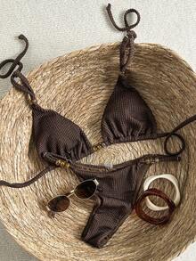 Swim Mod Women's Jacquard Fabric Beaded Halter Bikini Set, Spring/Summer - Brown - View 2