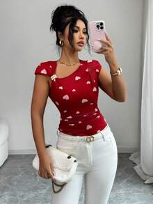 SHEIN ChicEase Casual Random Heart Print Mesh Fabric Top For Women Asymmetrical Neck Cap Sleeve Regular Length Multicolor Design - Multicolor - View 6