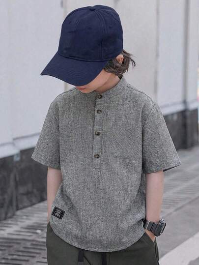 SHEIN Tween Boy Casual Short Sleeve Shirt, Minimalist & Fashionable For Everyday Wear