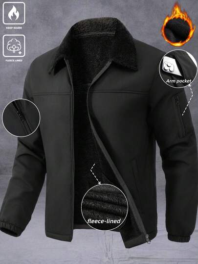 Manfinity Homme Chaqueta de manga larga con cremallera para hombre, con cuello grueso y forrado térmico, con múltiples bolsillos, a prueba de frío y viento, para otoño/invierno