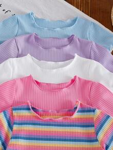 SHEIN 5pcs/Set Infant Girls' Fashion Frill Trim Tops, Spring/Summer - Multicolor - View 4