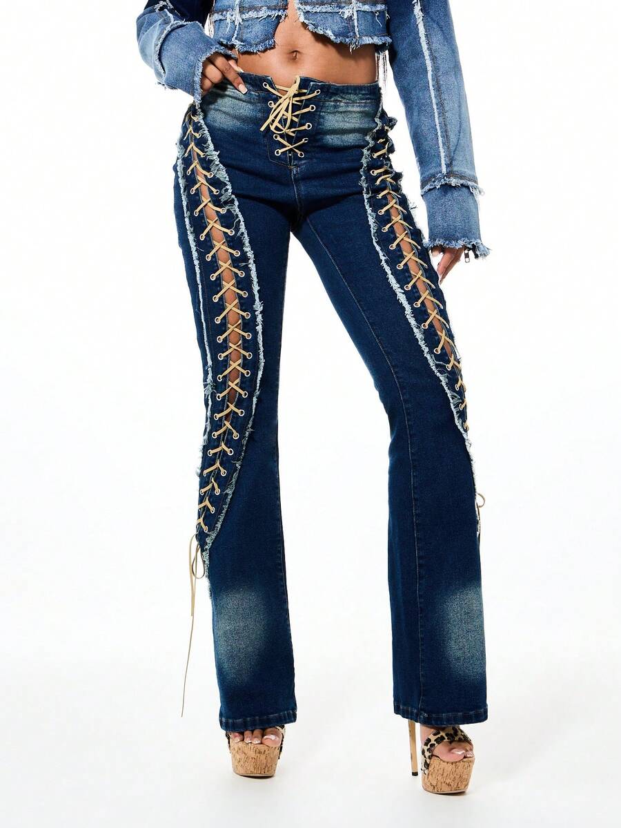 SUMWON WOMEN Distressed Lace Up Side Flare Bottom High Rise Denim Jeans With Raw Hem Frayed Details - Blue - View 1