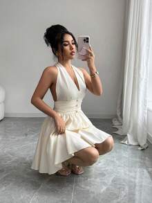 Rafferiza Halter Backless Metal Button Front Waist Fitted Mini Dress - Apricot - View 6