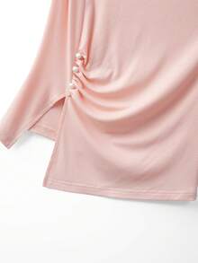 Franclia Women's Fashion Front Ruched Split Hem T-Shirt, Summer Tops For Women Elegant Light Pink Tops Pink Top Women Baby Pink Tops Sleeveless Pink Top - Pink - View 7