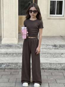SHEIN Tween Girl Solid Brown Textured Knit Side Ruched Short Sleeve Fitted T-Shirt And Wide Leg Pants Casual 2-Piece Set - Brown - View 1