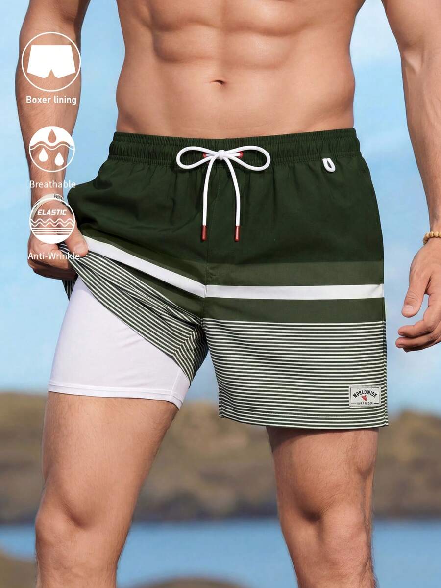 Manfinity Swimmode Men Loose Striped Beach Shorts In Vacation Style Milk Silk Lining - Green - View 1