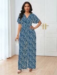 Lyxana V领短袖条纹印花弹力腰修身优雅休闲连体裤（女款） - 彩色 - 查看 7